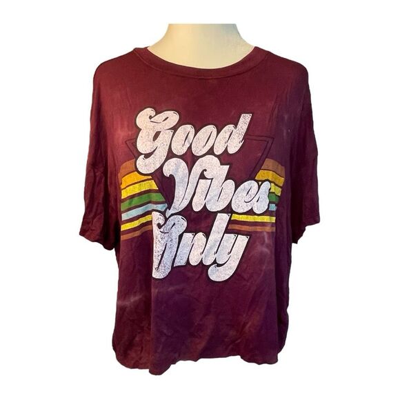 Obsessive Love Rainbow Good Vibes Graphic Tee Maroon Cropped Short Sleeve Crew - Picture 1 of 6